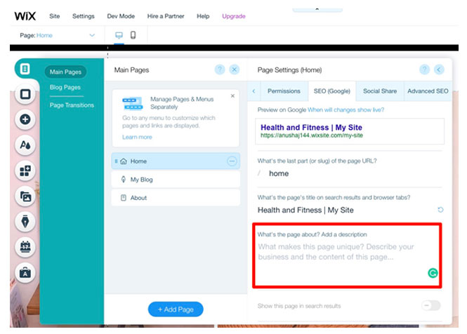 Wix Page Settings